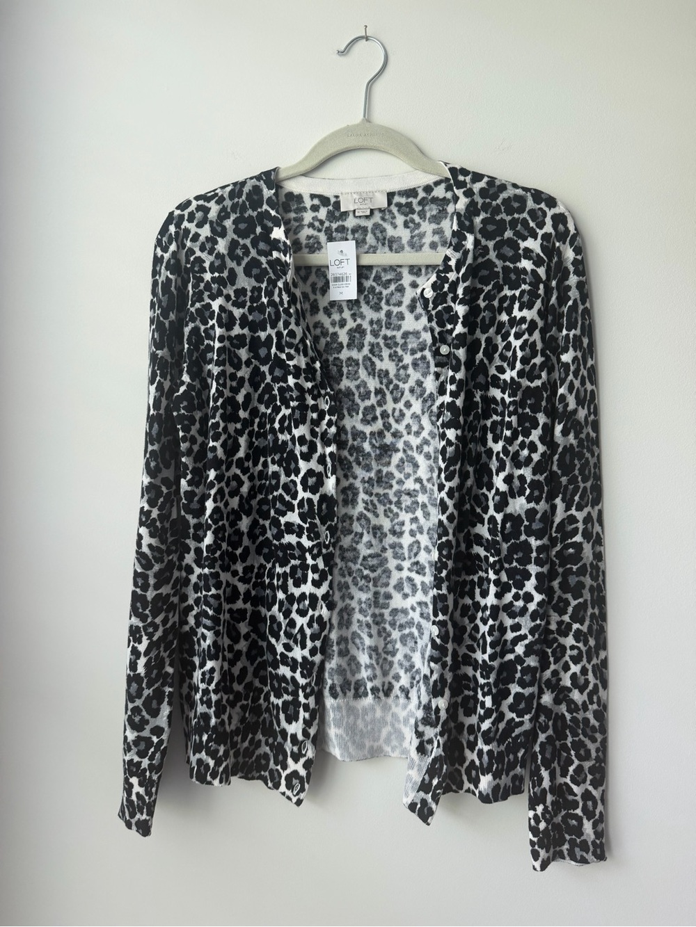 LOFT Black & White Leopard-Print Open Cardigan